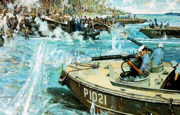 Picture attack, figure, art, boats, shots, landing, WW2, Marines