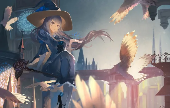 Picture girl, birds, the city, home, hat, anime, art, pigeons