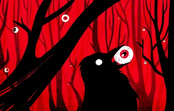 Picture forest, eyes, bird, art, Raven, red background, gloomy