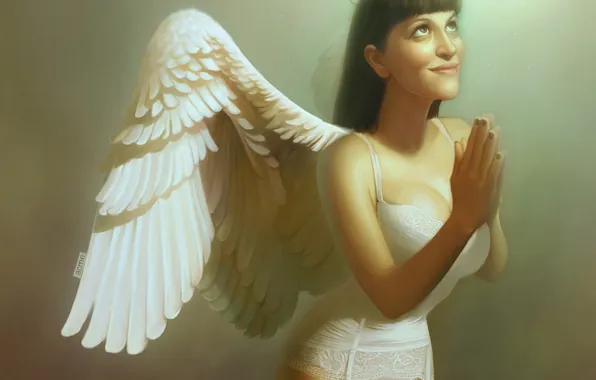 Light, Girl, wings, angel, prayer