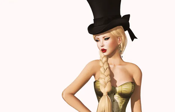 Girl, hat, earrings, braid, cylinder, render