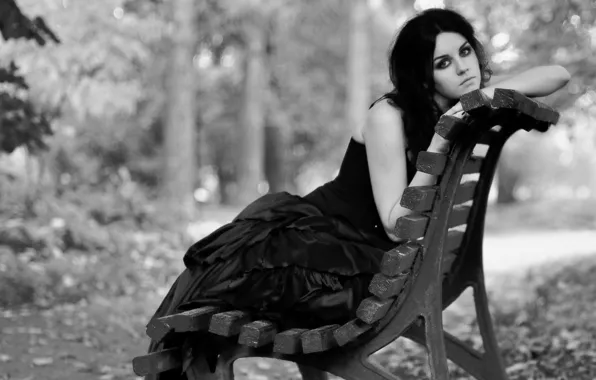 Picture look, bench, pose, Park, Girl, dress, brunette, black and white