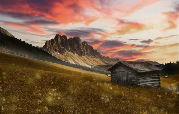 Picture sunset, mountains, house