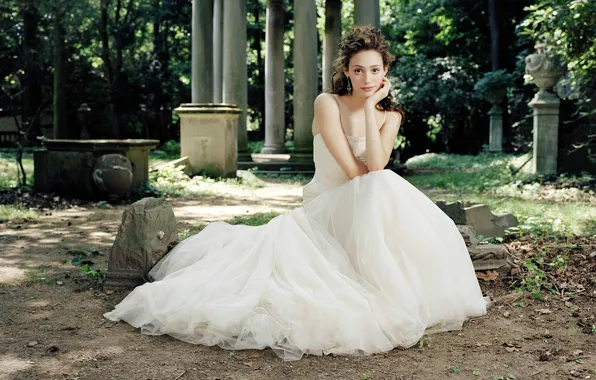 Park, actress, columns, sitting, white dress, vases, Emmy Rossum