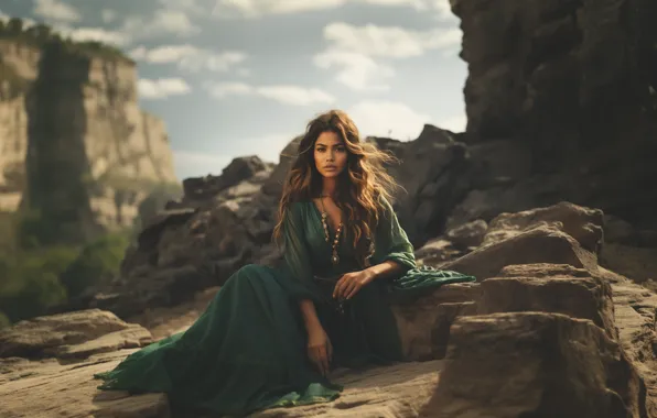 Girl, clouds, mountains, nature, pose, stones, rocks, dress