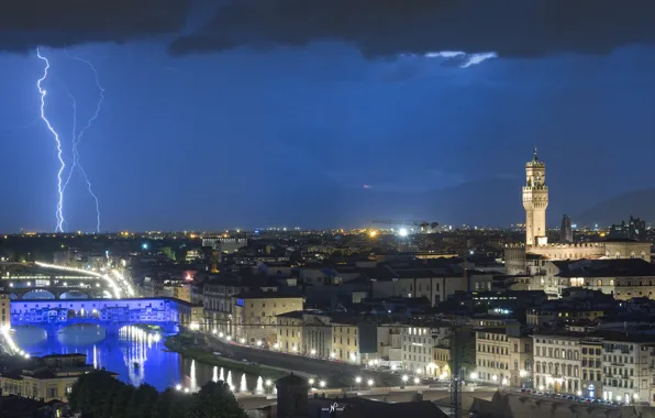 The sky, night, lights, lightning, Italy, Florence, thunder