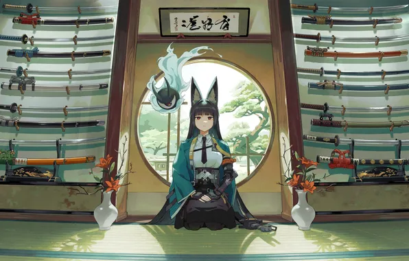 Characters, the altar, katana, window, familiar, cat ears, sitting on my lap, light and shadow
