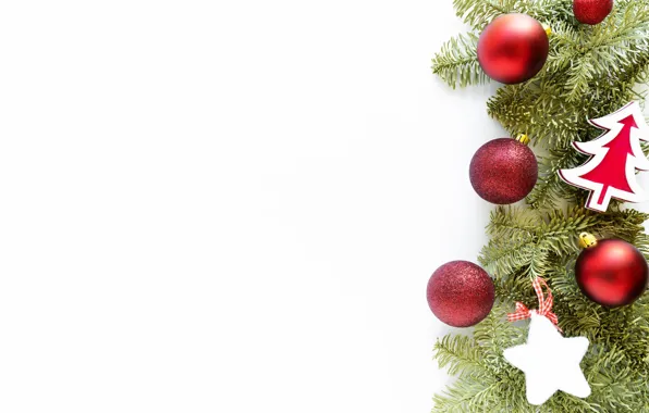 Winter, stars, balls, holiday, balls, Christmas, red, white background