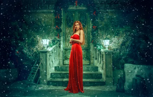 Snow, dress, art, in red, sled, redhead, porch