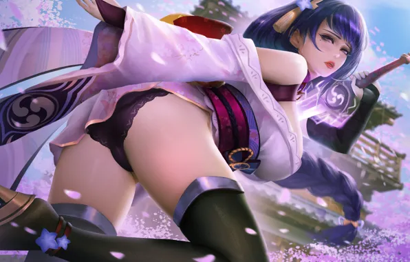 Girl, sword, Sakura, genshin impact, raiden shogun, by turewindwalker