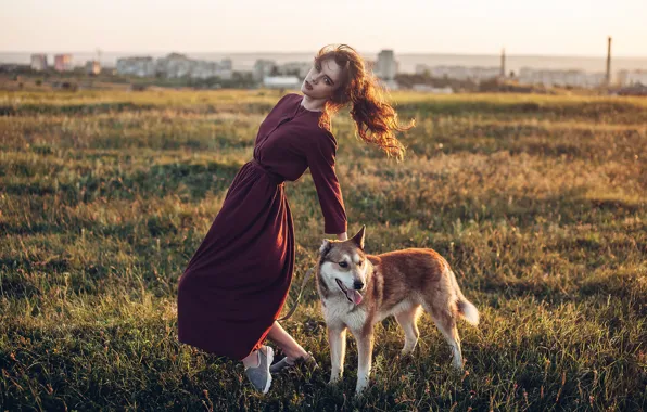 Picture girl, pose, dog, dress, meadow, Rome Rome