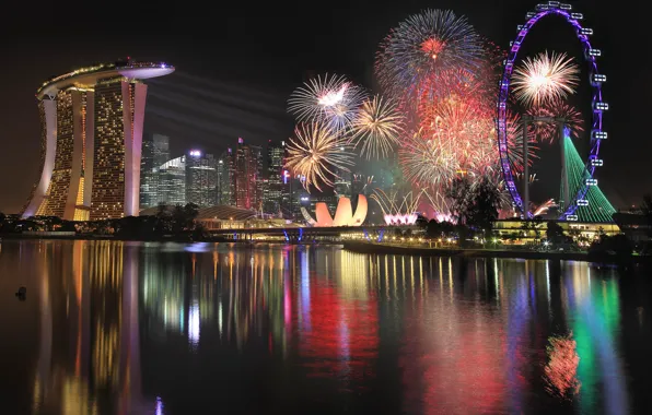 Night, skyscrapers, salute, Singapore, Ferris wheel, the hotel, megapolis, Singapore