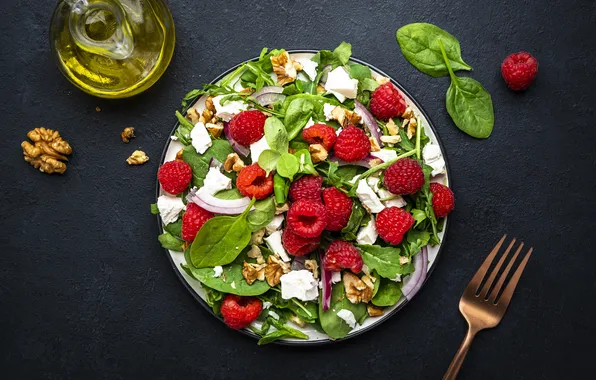 Greens, berries, raspberry, the dark background, table, oil, food, cheese