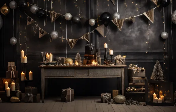The dark background, table, wall, balls, toys, interior, candles, lights