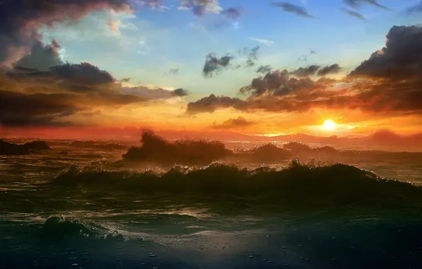 Sea, the sun, clouds, Wave