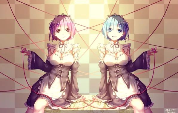Girls, tape, demons, anime, art, sisters, Ram, maids