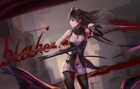 Picture girl, weapons, blood, anime, art, red flowers, rwby, blake belladonna