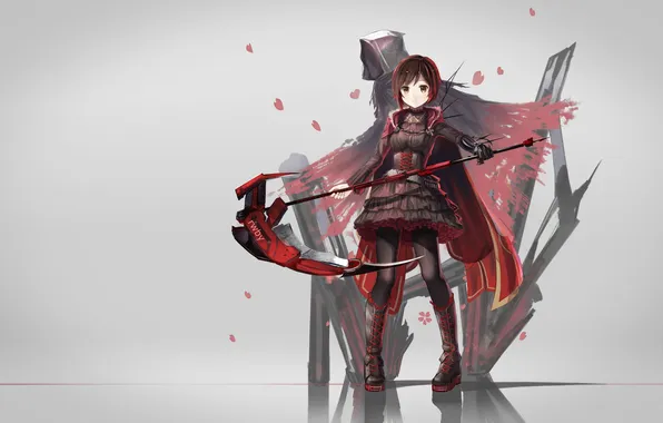 Girl, weapons, anime, art, hood, braid, red flowers, rwby