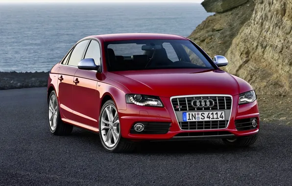 Picture Audi, Red, Sea, Machine, Sedan, Lights, The front