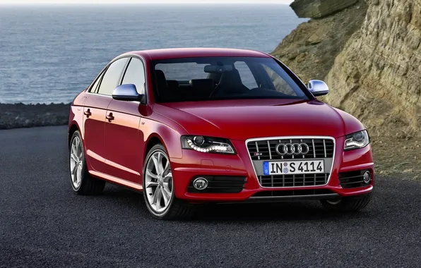 Audi, Red, Sea, Machine, Sedan, Lights, The front