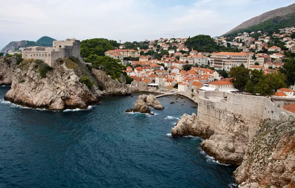 Picture sea, the city, rocks, home, Bay, pier, roof, Dubrovnik