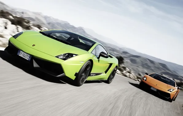 Road, the sky, mountains, orange, Lamborghini, green, supercar, Superleggera