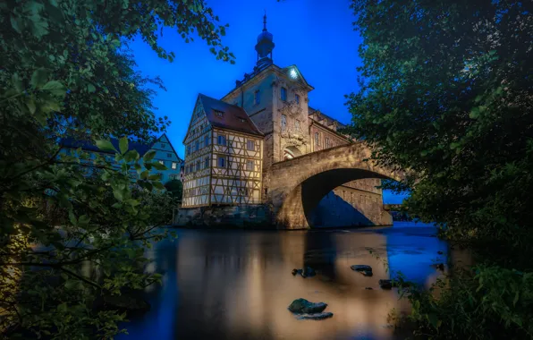 Trees, bridge, river, the building, Germany, Bayern, Germany, Bamberg