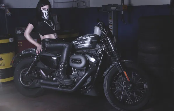 Picture girl, garage, motorcycle, Harley-Davidson