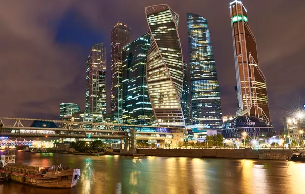Bridge, river, building, Moscow, Russia, night city, skyscrapers, Moscow-City