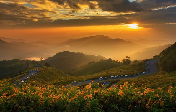 Road, the sun, clouds, landscape, sunset, flowers, mountains, nature