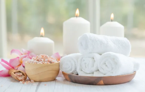 Glass, flowers, Board, towel, candles, window, bowl, white