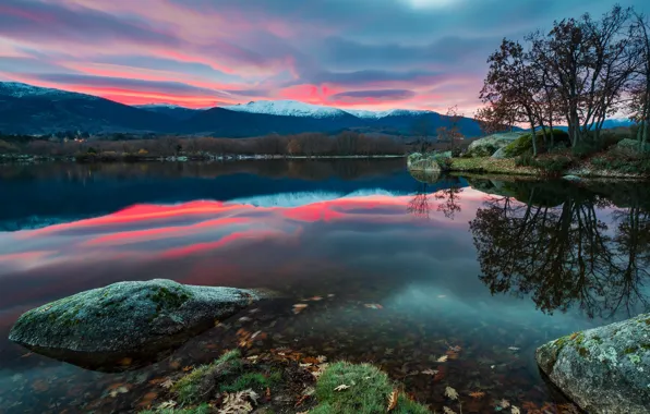 Picture autumn, the sky, leaves, clouds, trees, sunset, mountains, lake