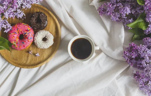 Flowers, coffee, Breakfast, donuts, food, cup, drink, coffee