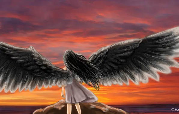 Picture sea, the sky, girl, sunset, back, wings, angel, anime