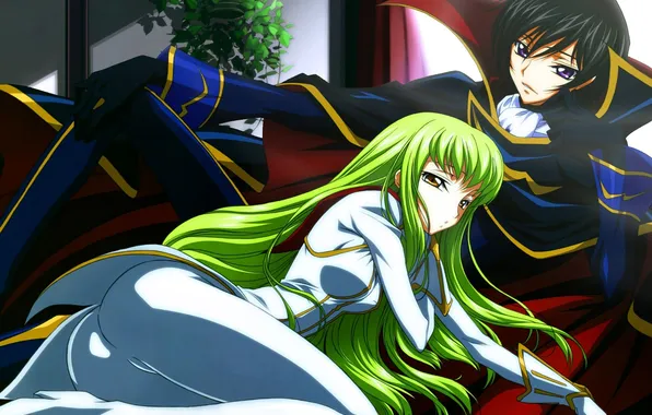 Girl, costume, guy, green hair, code geass, c.c., lelouch lamperouge