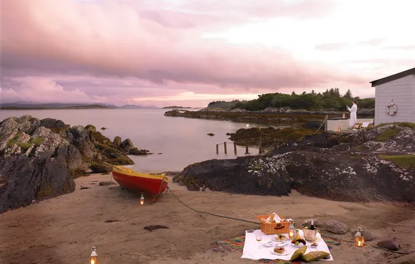 Beach, sunset, boat, picnic, beautiful, novel, open