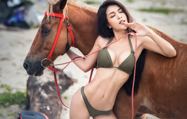 Swimsuit, girl, horse, Asian