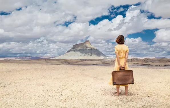 Sand, the sky, girl, clouds, desert, mountain, dress, suitcase