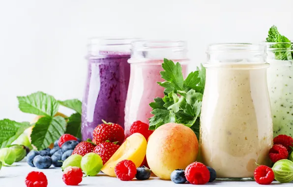Berries, blueberries, strawberry, fruit, drinks, gooseberry, fresh, smoothies with yogurt