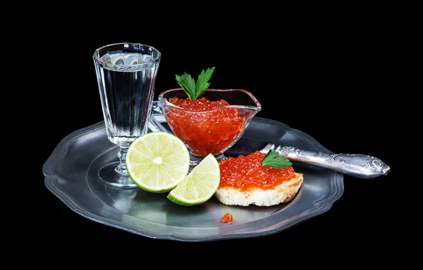 Picture leaves, knife, lime, black background, vodka, red, sandwich, caviar