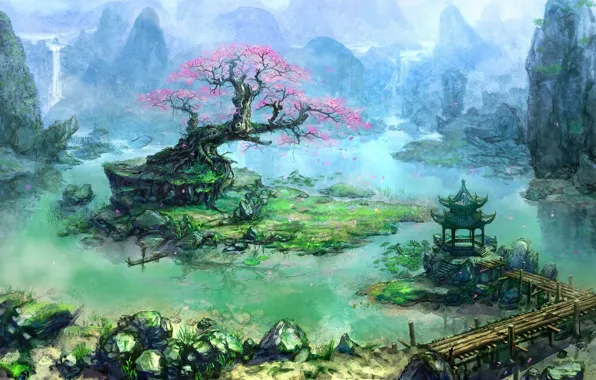 Trees, mountains, bridge, river