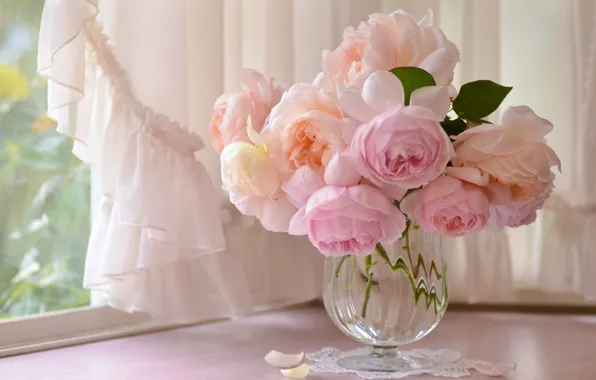 Picture pink, roses, bouquet, window