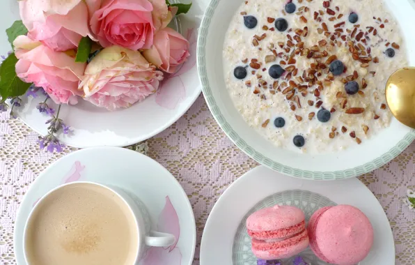Roses, blueberries, macaroon, oatmeal