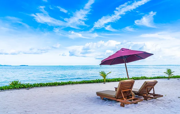 Sand, sea, beach, summer, the sky, shore, umbrella, chaise