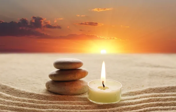 Picture sand, sunrise, stones, candle, dawn