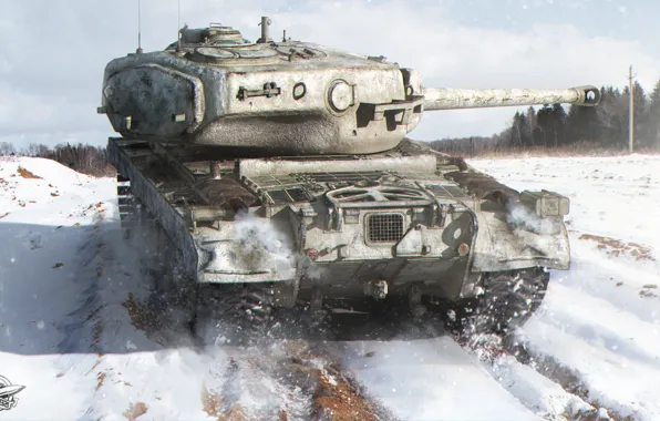 Picture winter, field, forest, snow, tank, American, heavy, World of Tanks