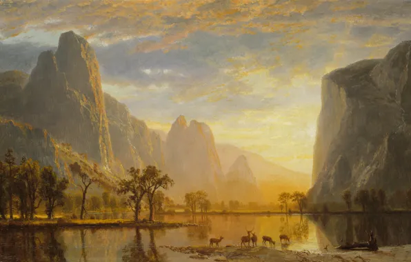 Animals, landscape, mountains, lake, picture, Yosemite Valley, Albert Bierstadt