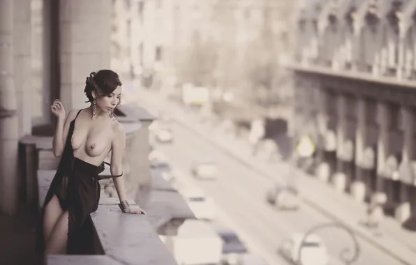Chest, girl, the city, pose, panties, balcony, Nude, Alexander