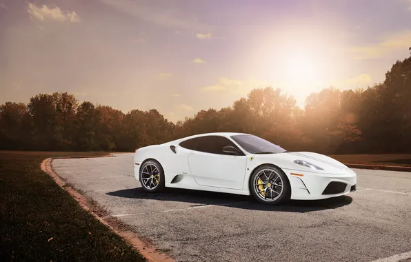 The sun, sunset, white, white, ferrari, Ferrari, Blik, f430