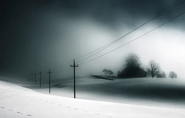 Picture winter, snow, traces, house, treatment, shadows, power lines
